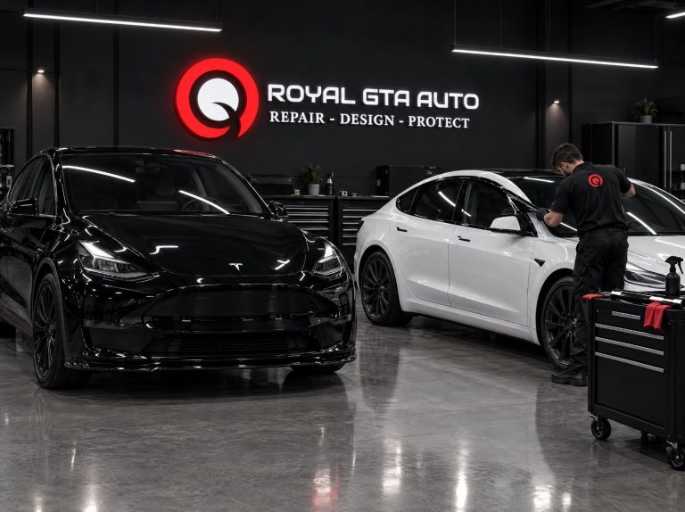 Tesla vehicles being serviced at Royal GTA Auto in North York